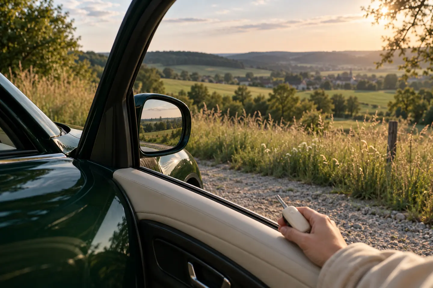 Symbolbild aus der Ich-Perspektive: Eine Hand mit Autoschlüssel an der geöffneten Tür eines geparkten Autos, dahinter eine weite Landschaft.
